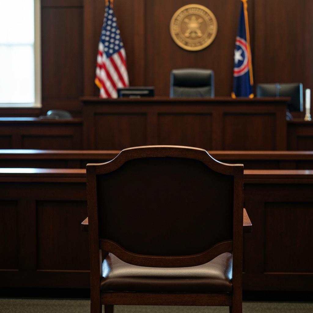 What Happens If the Police Officer Does Not Show Up to Court in Tennessee?  Empty wooden witness stand in a quiet courtroom, symbolizing a police officer not showing up to court for a potential case dismissal in Knoxville, TN.