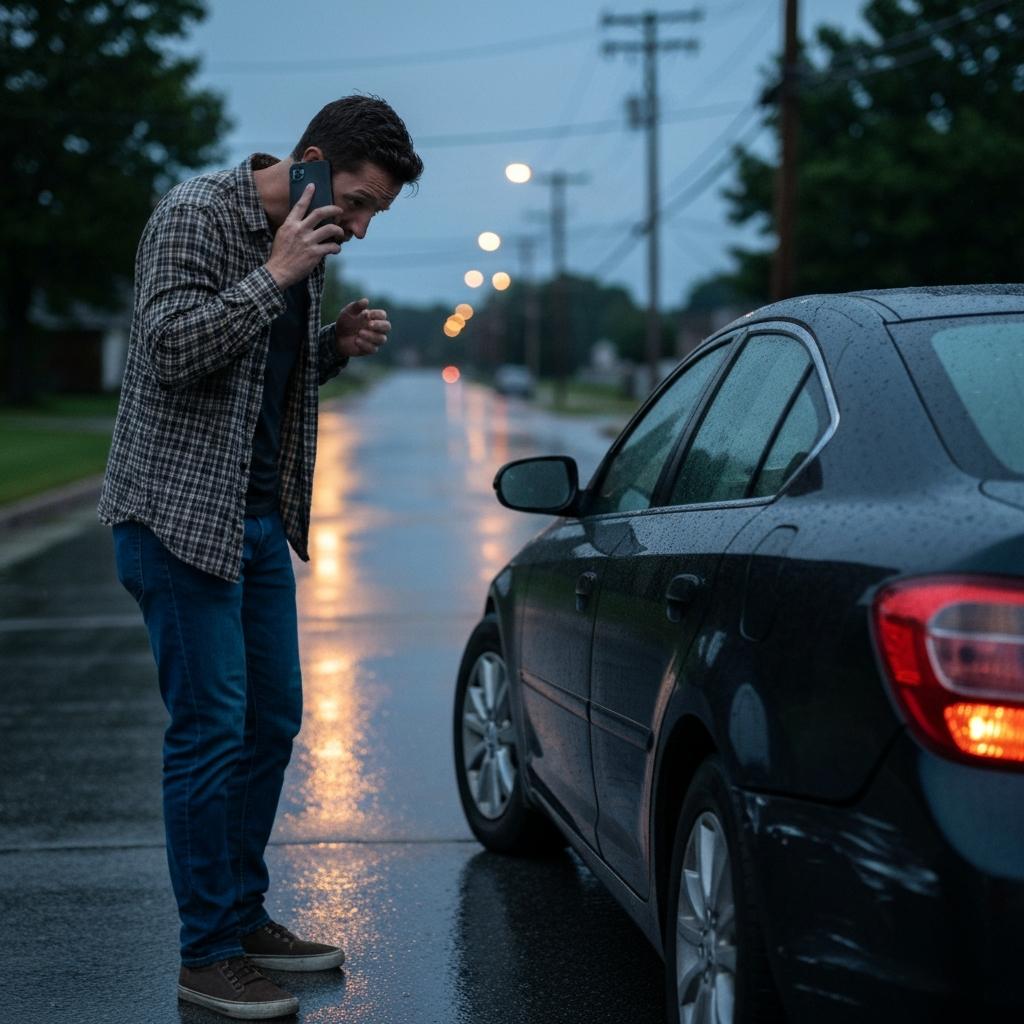 How Do You File a Property Damage Claim for a Hit and Run Accident? Stressed driver inspects fresh car damage from a hit and run accident while preparing to file a property damage claim in Knoxville, Tennessee.