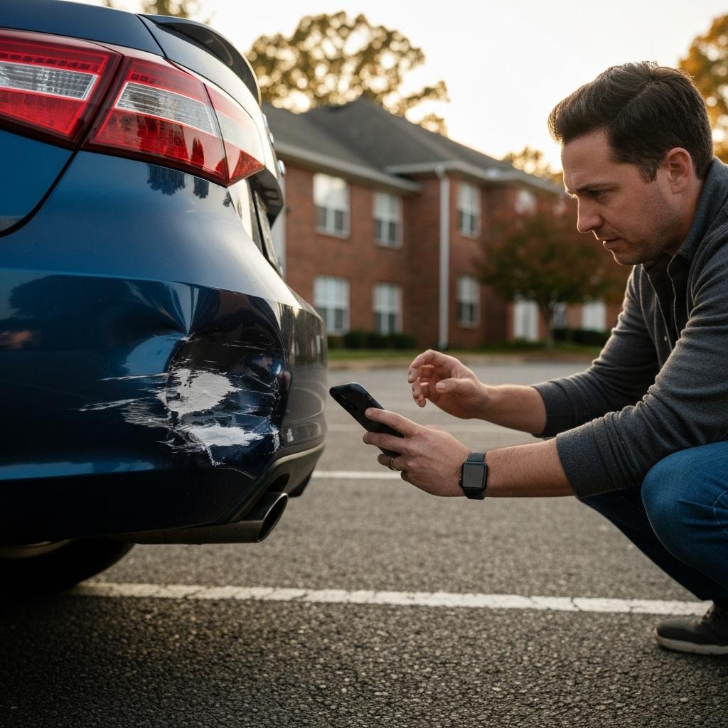 How Do You File a Property Damage Claim for a Hit and Run Accident? Concerned vehicle owner meticulously photographs a large dent on their car to file a property damage claim after a hit and run accident in Knoxville, TN.