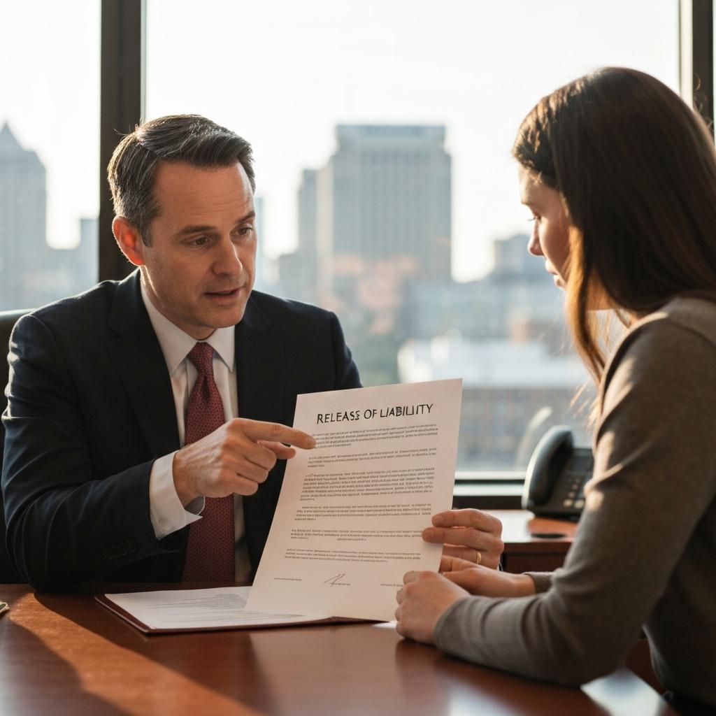 What Is a Release of Liability in a Tennessee Personal Injury Settlement? Compassionate Knoxville attorney explains a Release of Liability form to a relieved client in a modern law office personal injury settlement meeting.