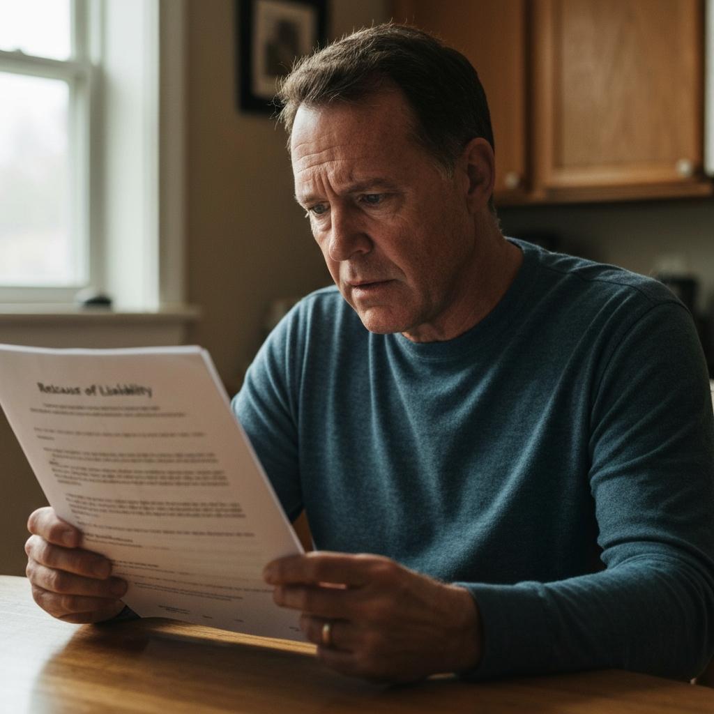 What Is a Release of Liability in a Tennessee Personal Injury Settlement? Concerned middle-aged man carefully reviewing a Tennessee release of liability form for a personal injury settlement at his kitchen table in Knoxville.