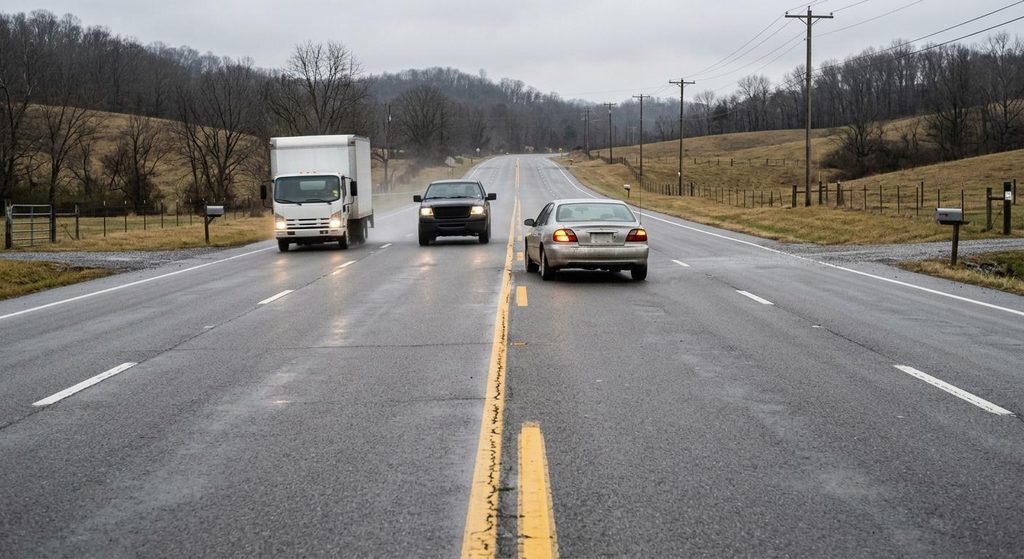 Knoxville Personal Injury Attorneys | OEB Law: A car stopped in the inside lane of a four-lane undivided Tennessee highway waiting to turn left as oncoming traffic approaches at speed