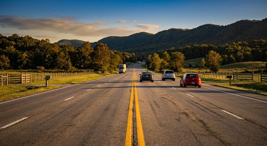 Knoxville Personal Injury Attorneys | OEB Law: Undivided four-lane highway running northeast through rural east Knox County, Tennessee at golden hour with no median separating opposing traffic