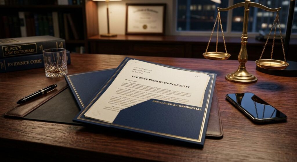 Detailed legal evidence preservation file for school bus accident liability claims on a mahogany attorney desk in Knoxville TN.