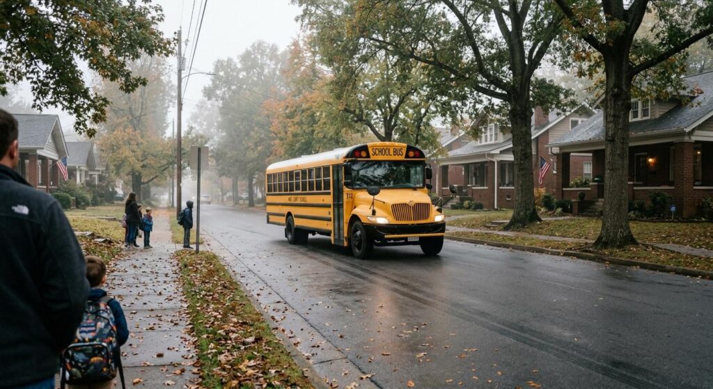 Yellow school bus navigating wet Knoxville Tennessee residential streets, emphasizing school bus accident liability concerns for parents.