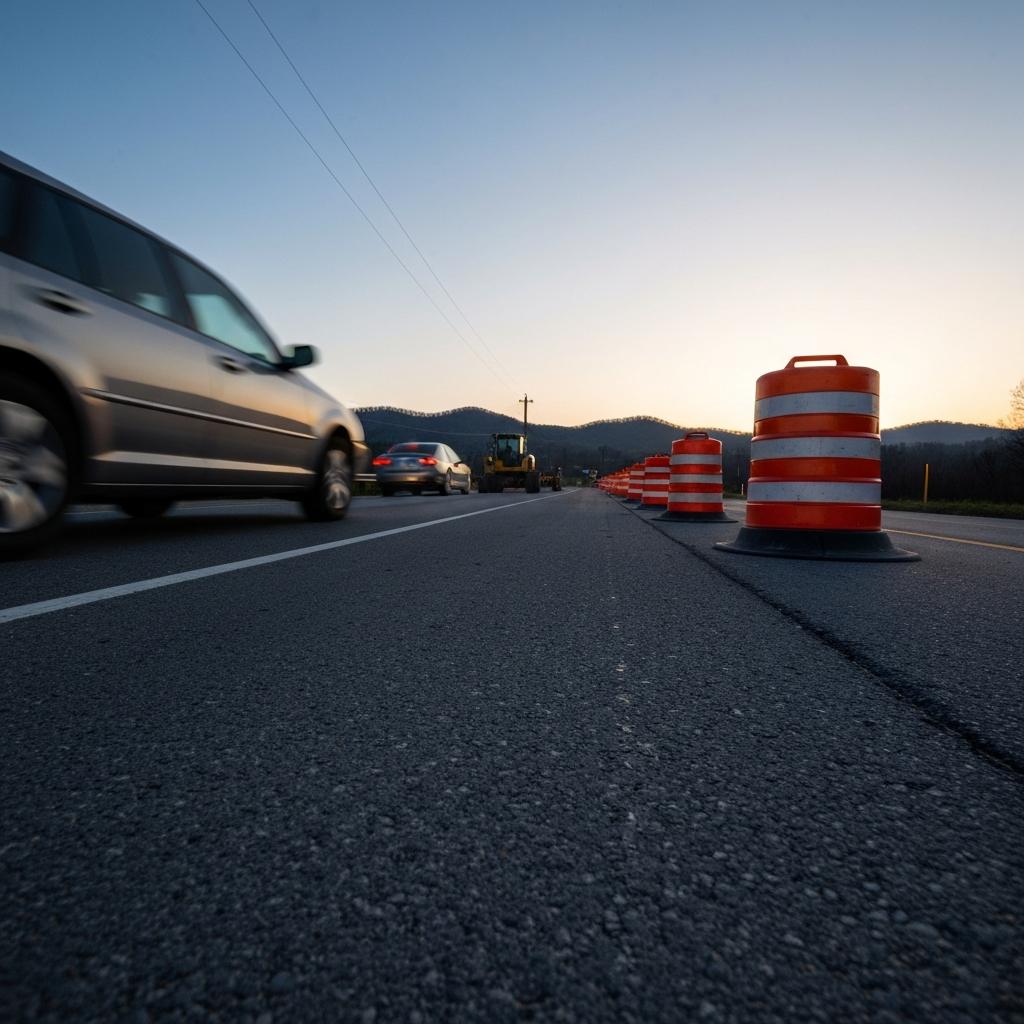 Can You Sue a Construction Contractor for Injuries on Alcoa Highway? Hazardous construction zone with orange traffic cones and motion-blurred traffic at dusk on Alcoa Highway in Knoxville, Tennessee.