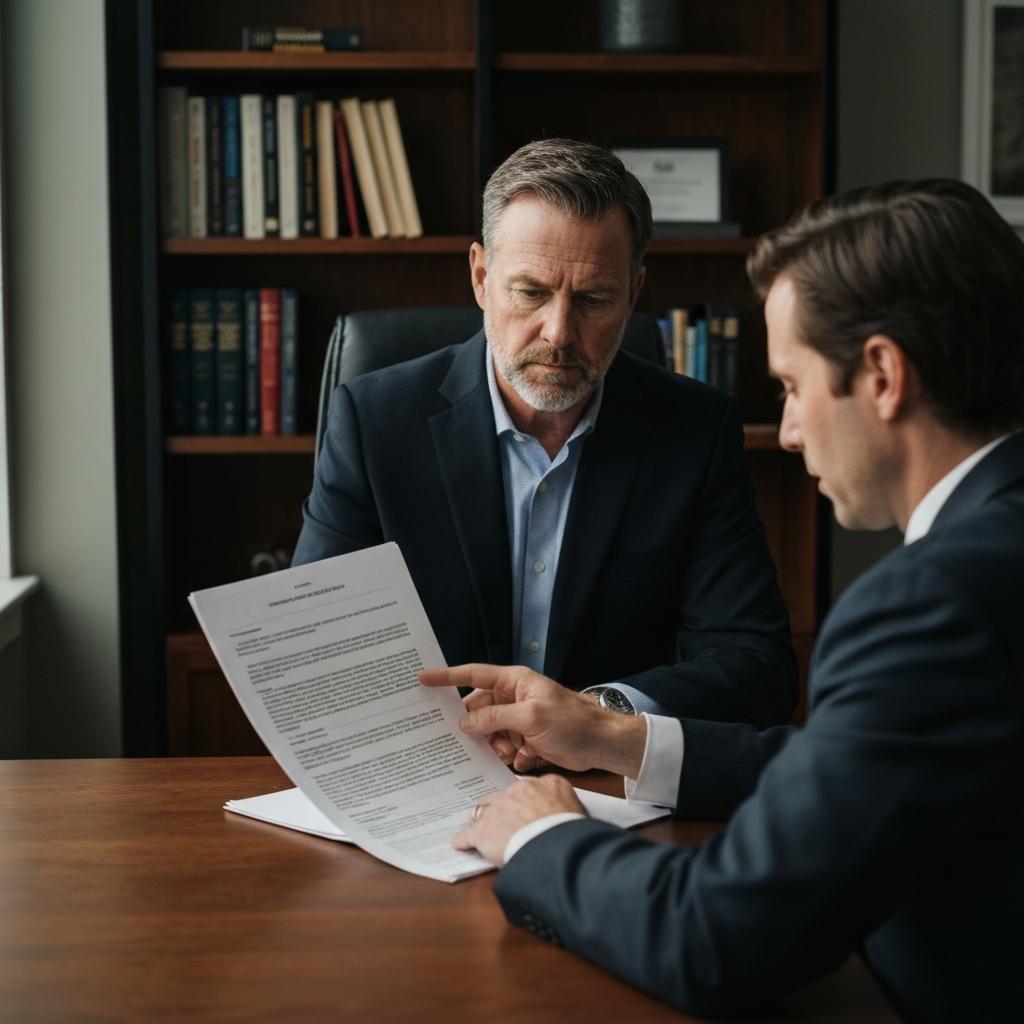 Can You Sue a Different Party After Settling With One Insurer in Tennessee? Concerned man carefully reviews a complex insurance settlement document with his OEB Law attorney in a professional Knoxville, Tennessee office.