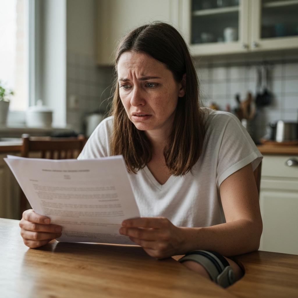 OEB Law: When Can an Employer or Insurer Suspend Medical Benefits in TN? Worried woman with a leg brace reads a notice to suspend medical benefits at her kitchen table in Tennessee, feeling confused and stressed.