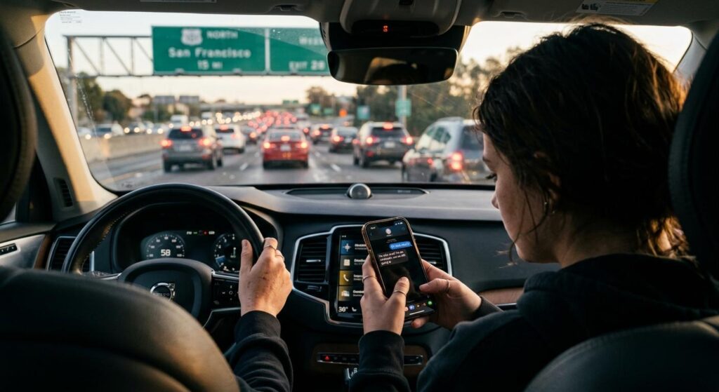 A tense teenager texts on a smartphone while driving down Interstate 40 in Knoxville, risking a severe distracted driving accident.