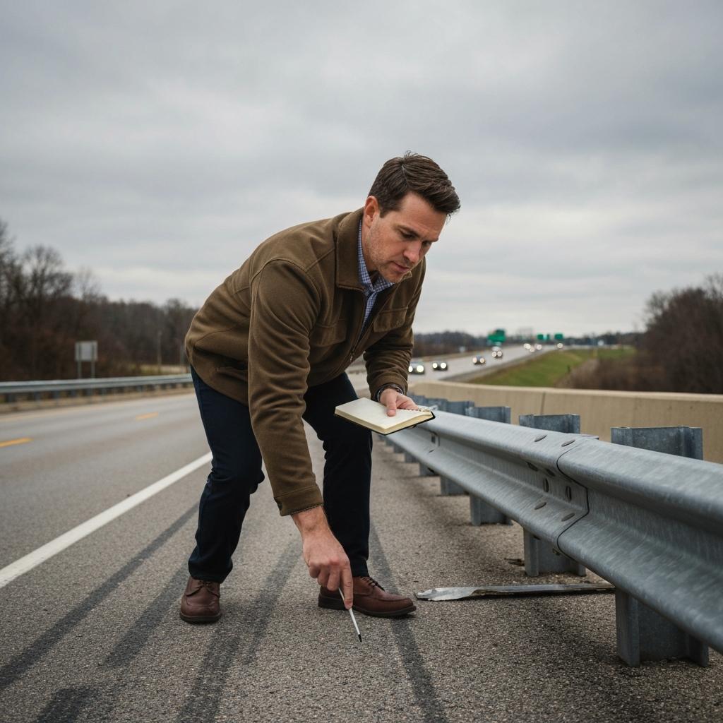 How to Identify All Potentially Liable Parties in a Tennessee Accident Claim. Diligent OEB Law attorney investigator examines hazardous road conditions on a Knoxville highway overpass to identify all liable parties in a Tennessee accident claim.