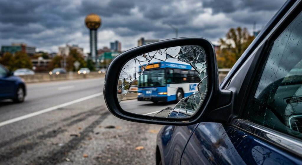 Dramatic cracked car mirror reflecting a passing transit bus, representing the 90-day rule for medical bills in Knoxville TN.