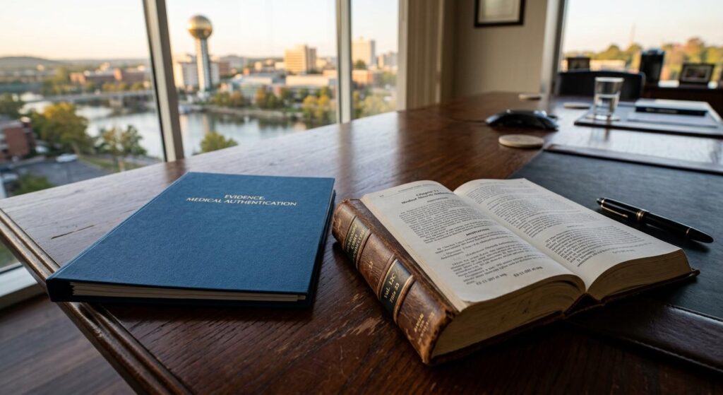 Detailed medical evidence file and Tennessee Code books resting on a law office desk for a Tennessee car accident claim in Knoxville.