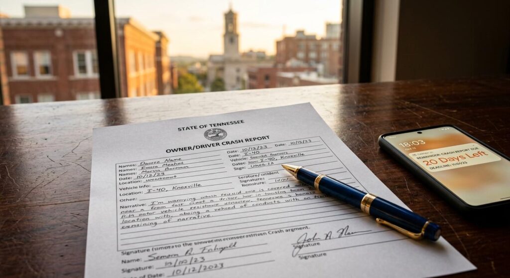Detailed Tennessee owner driver crash report document resting on a wooden desk with a 20-day deadline calendar in Knoxville.