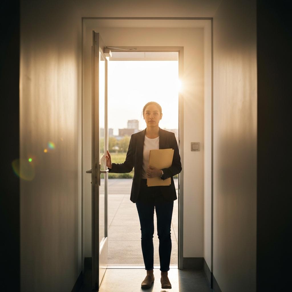 OEB Law - How Can You Get a Tennessee Misdemeanor Record Sealed or Expunged? Determined young professional steps through a bright doorway, a symbol of a fresh start after getting a Tennessee misdemeanor record expunged in Knoxville.