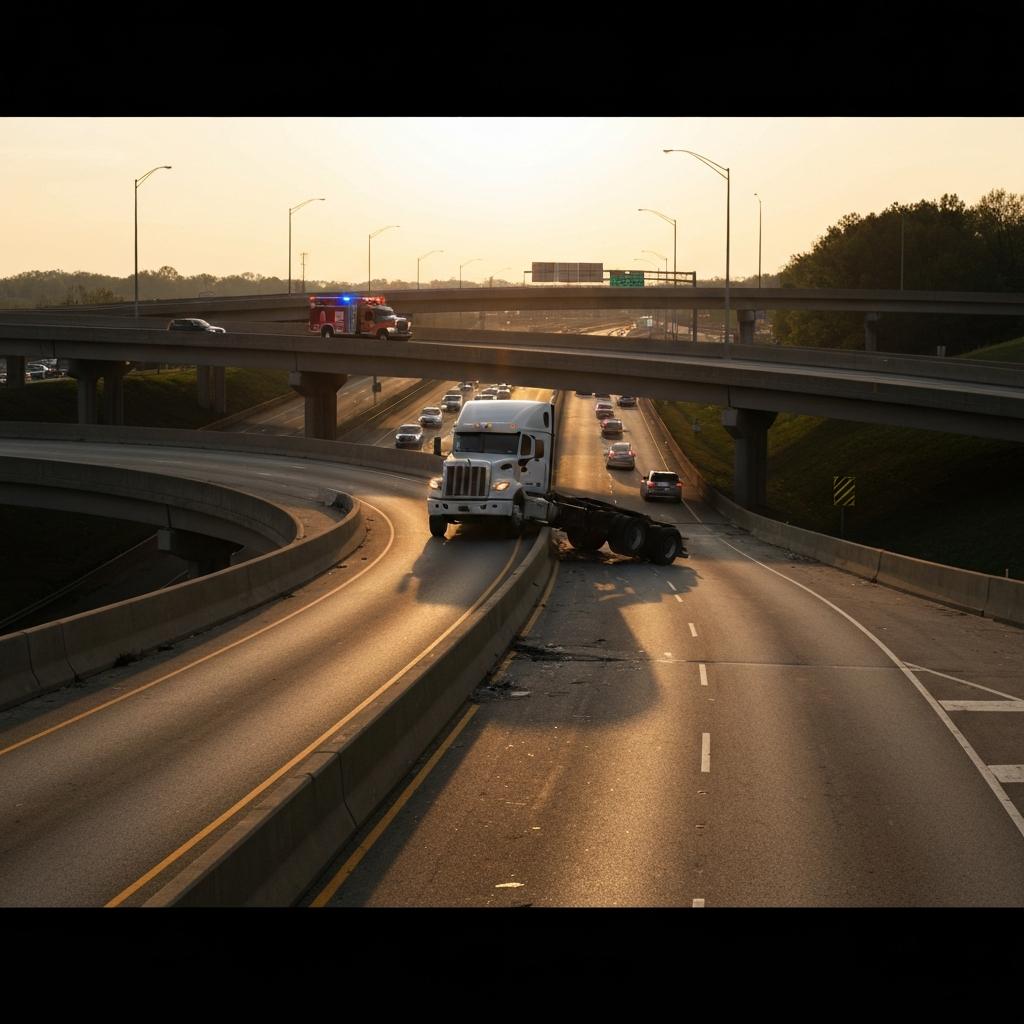 Can You Sue TDOT for Malfunction Junction's Dangerous Design In a Truck Accident. Serious truck accident aftermath at the chaotic Malfunction Junction highway interchange in Knoxville, TN, highlighting dangerous road design.
