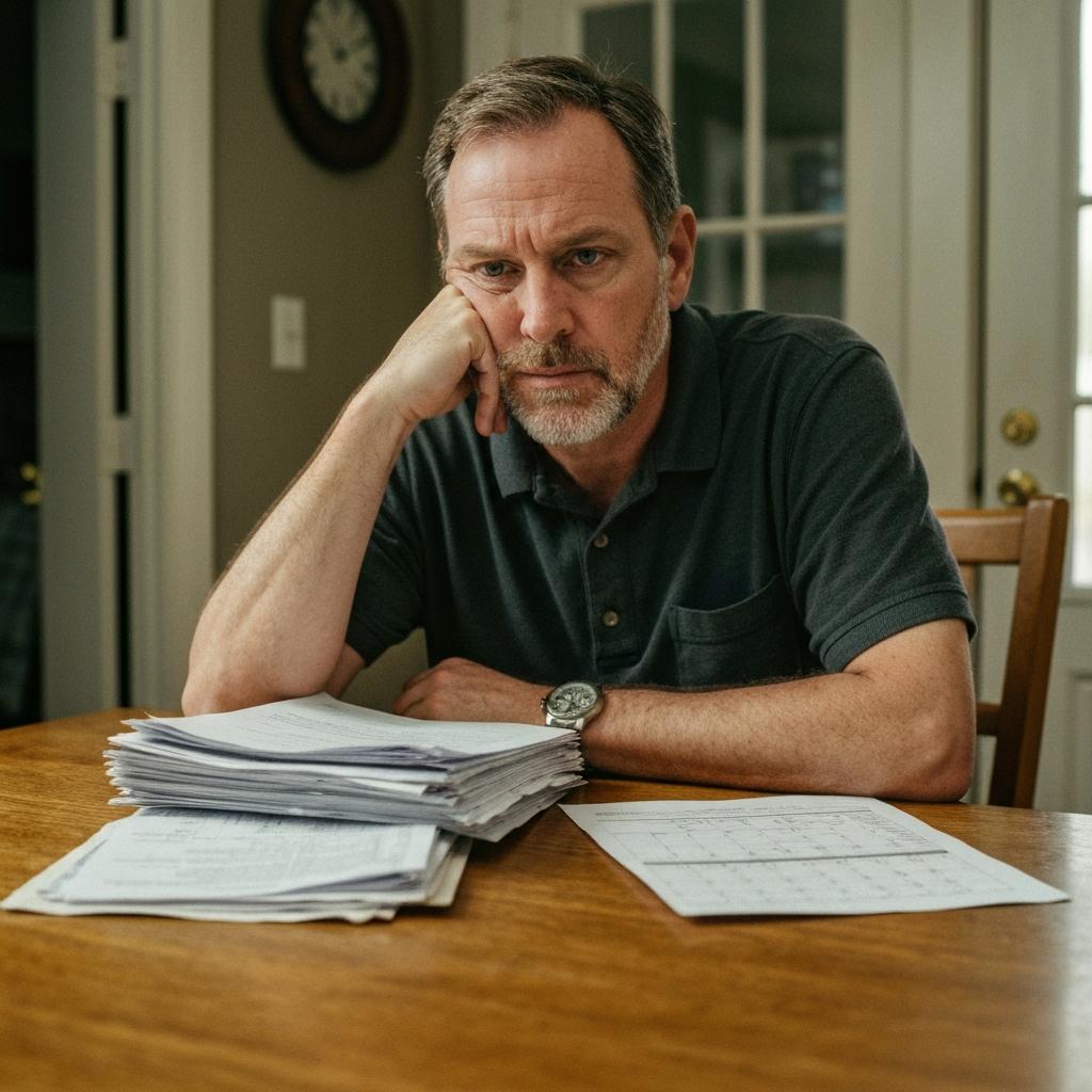 Concerned Knoxville man reviewing medical bills while contemplating the long truck accident settlement timeline in Tennessee at his kitchen table.