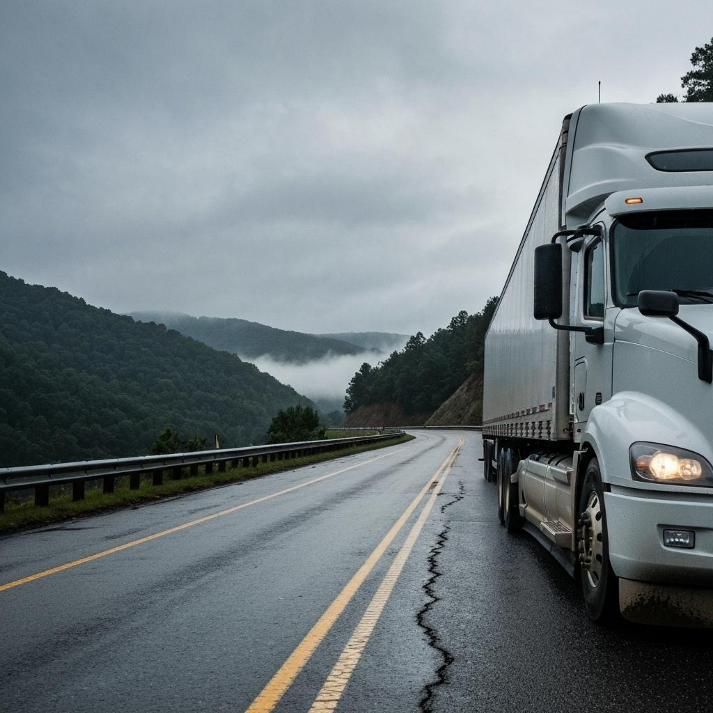 A large semi-truck carefully navigates a steep, wet mountain pass on I-40, a high-risk corridor for truck accidents in East Tennessee. Why Are the I-40 and I-81 Corridors So Dangerous for Truck Accidents in East Tennessee?