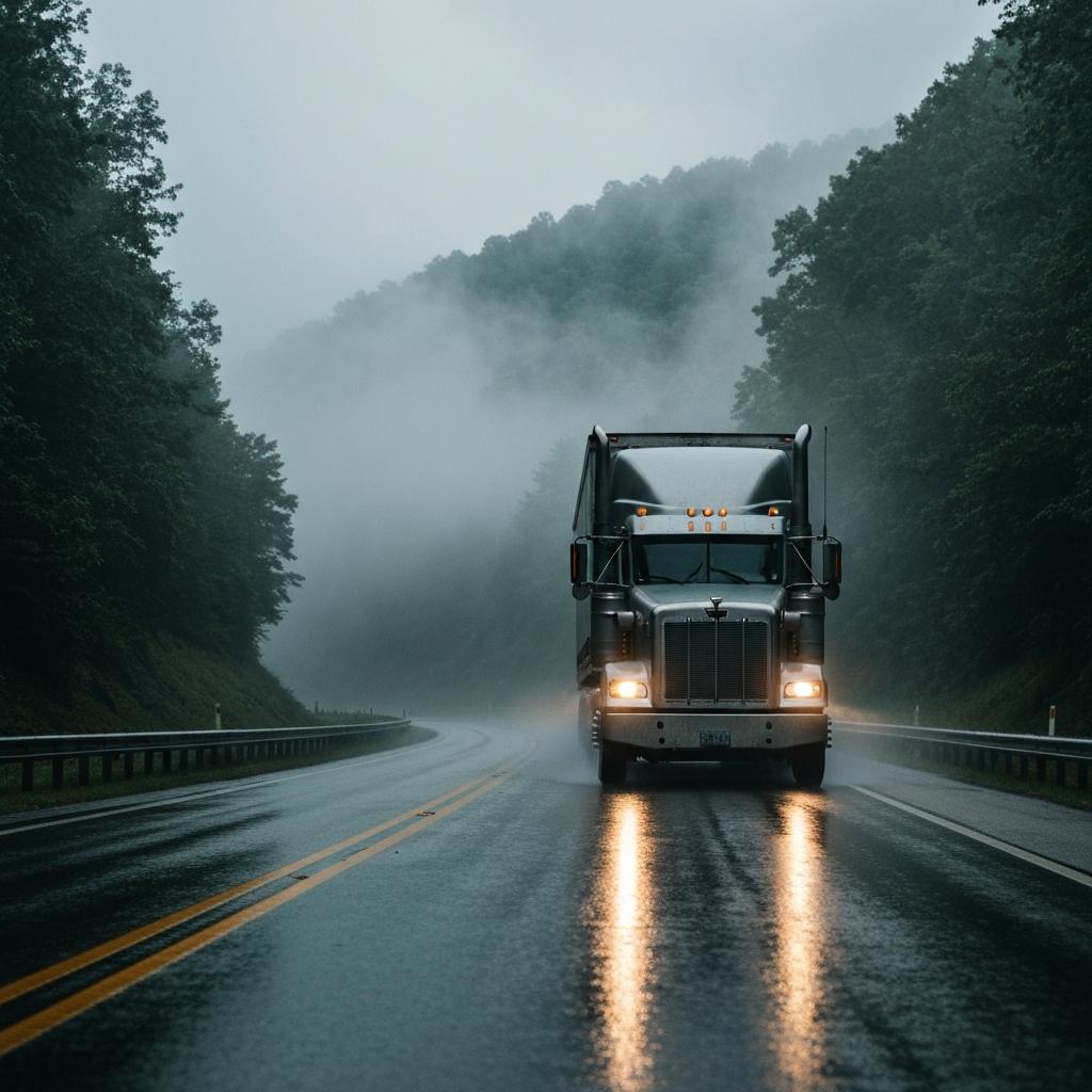 A large semi-truck cautiously navigates the winding I-40 corridor in foggy mountain terrain, highlighting the serious risk of truck accidents in East Tennessee. Why Are the I-40 and I-81 Corridors So Dangerous for Truck Accidents in East Tennessee?