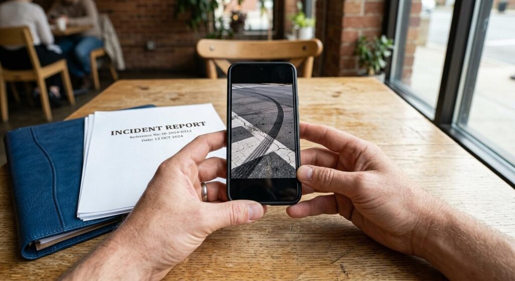 Proactive UT Knoxville student documenting pedestrian accident evidence on a smartphone near Cumberland Avenue crosswalk in Knoxville.