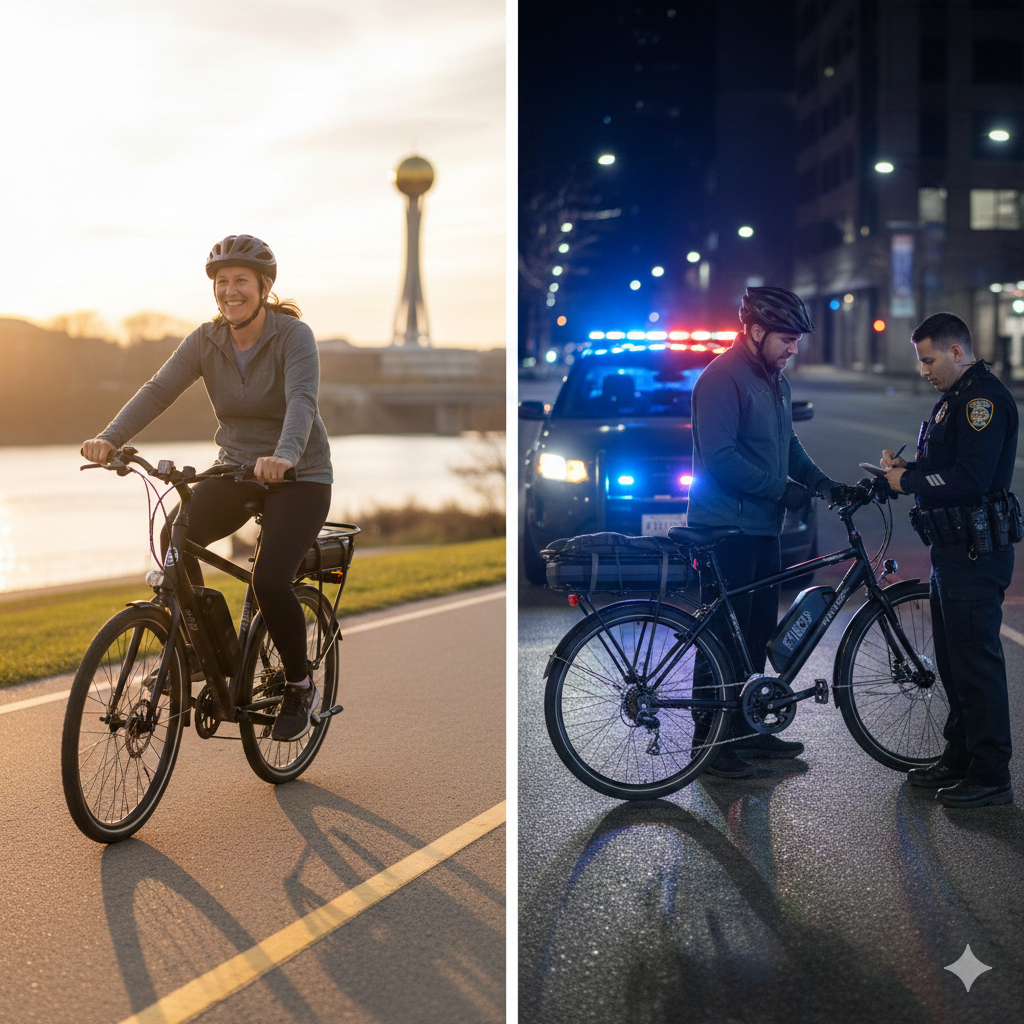 OEB Law - What Happens If You Modify Your E-Bike to Go Faster Than Its Class Limit?

A modified e-bike stopped by a police officer in Knoxville, illustrating the serious legal consequences under Tennessee law.