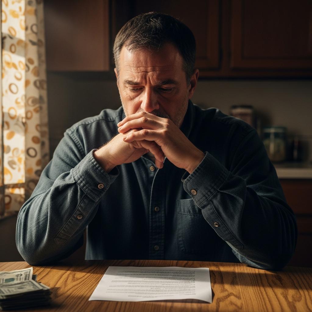 OEB Law - Worried construction worker at a kitchen table in Tennessee, holding a notice and concerned about what stops his workers' comp payments. What Stops Workers' Comp in Tennessee From Paying You?