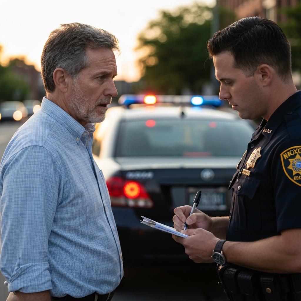 How Important Are Witness Statements in Hit and Run Accident Cases? Concerned eyewitness provides a critical statement to a Knoxville police officer at the scene of a hit and run accident during golden hour.
