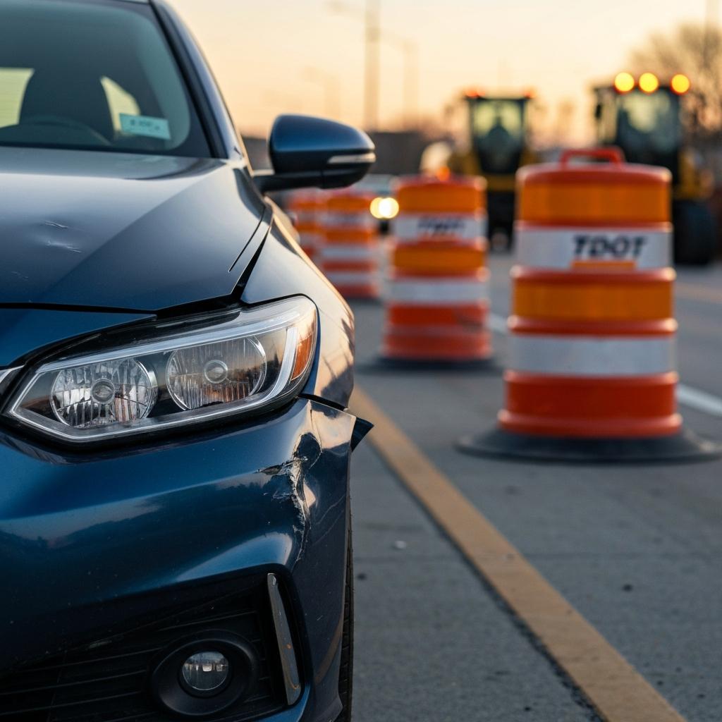 Damaged dark sedan after a work zone accident with a crumpled fender, highlighting the legal implications for drivers in a Knoxville construction zone.