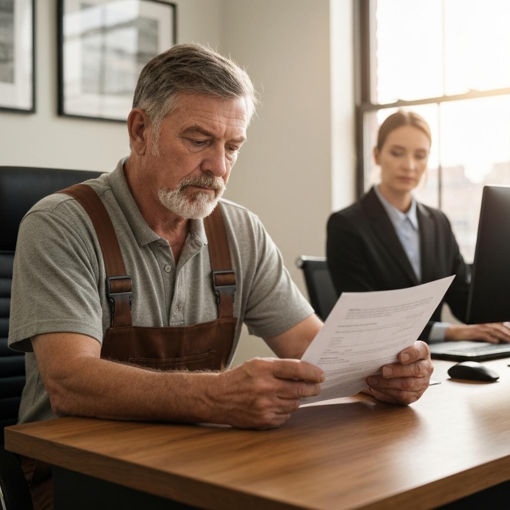 OEB Law:  Do Pre-Existing Conditions Bar Workers' Comp Benefits in Tennessee?  Concerned older male worker discussing his workers comp benefits for a pre-existing condition with his lawyer in a bright Knoxville, Tennessee office.