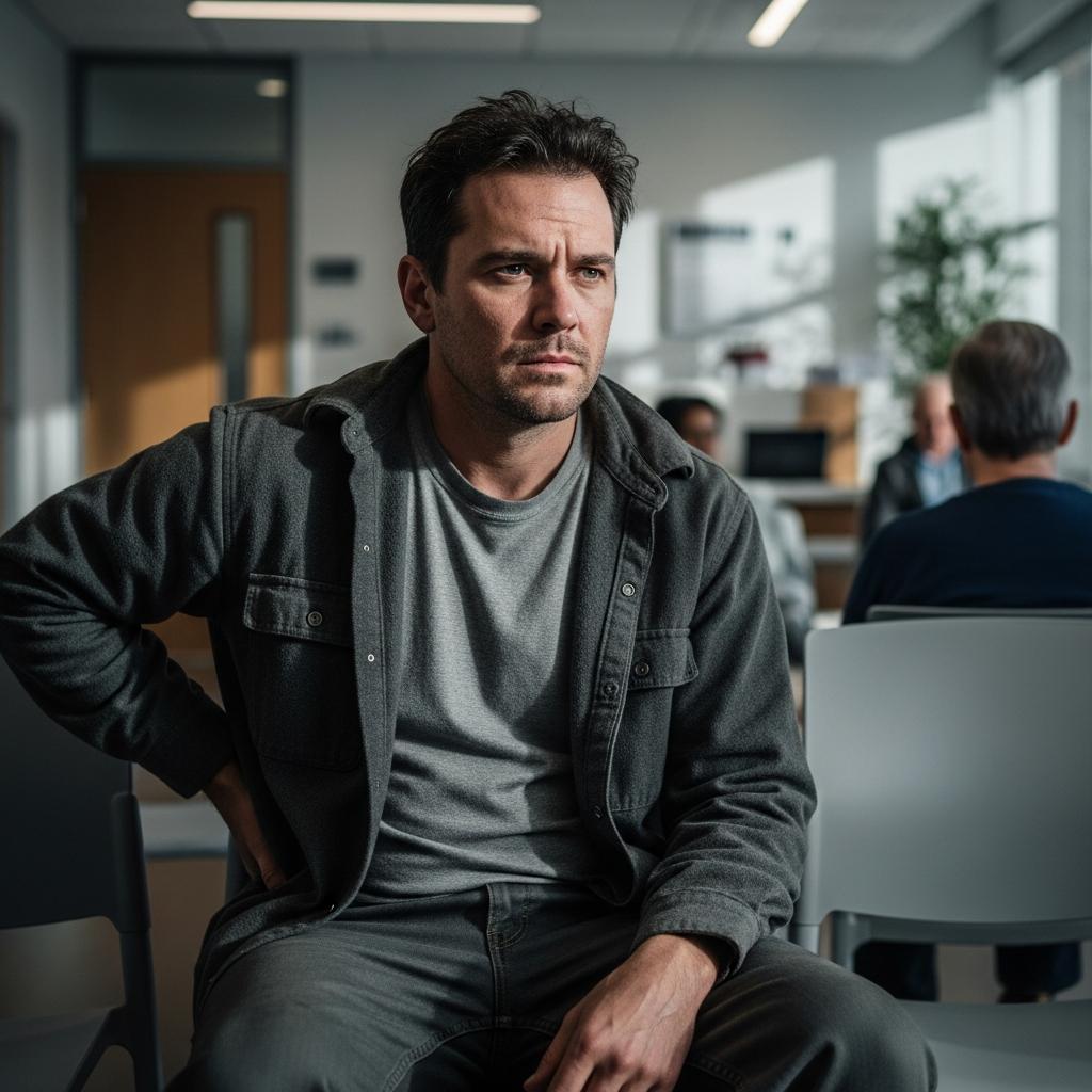 A pensive male construction worker anxiously sits in a stark waiting room, reflecting on how long workers' comp settlements take in Tennessee.