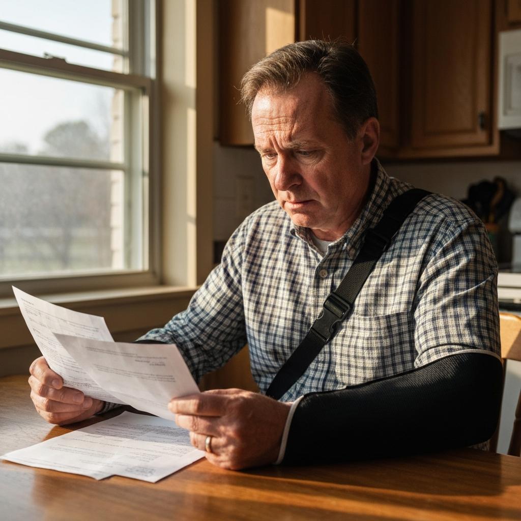 OEB Law: Can You Lose Your Job Due to a Workplace Injury in Tennessee?  Concerned Tennessee worker with an arm injury sits at his kitchen table reviewing legal papers, worried about job loss after a workplace injury.