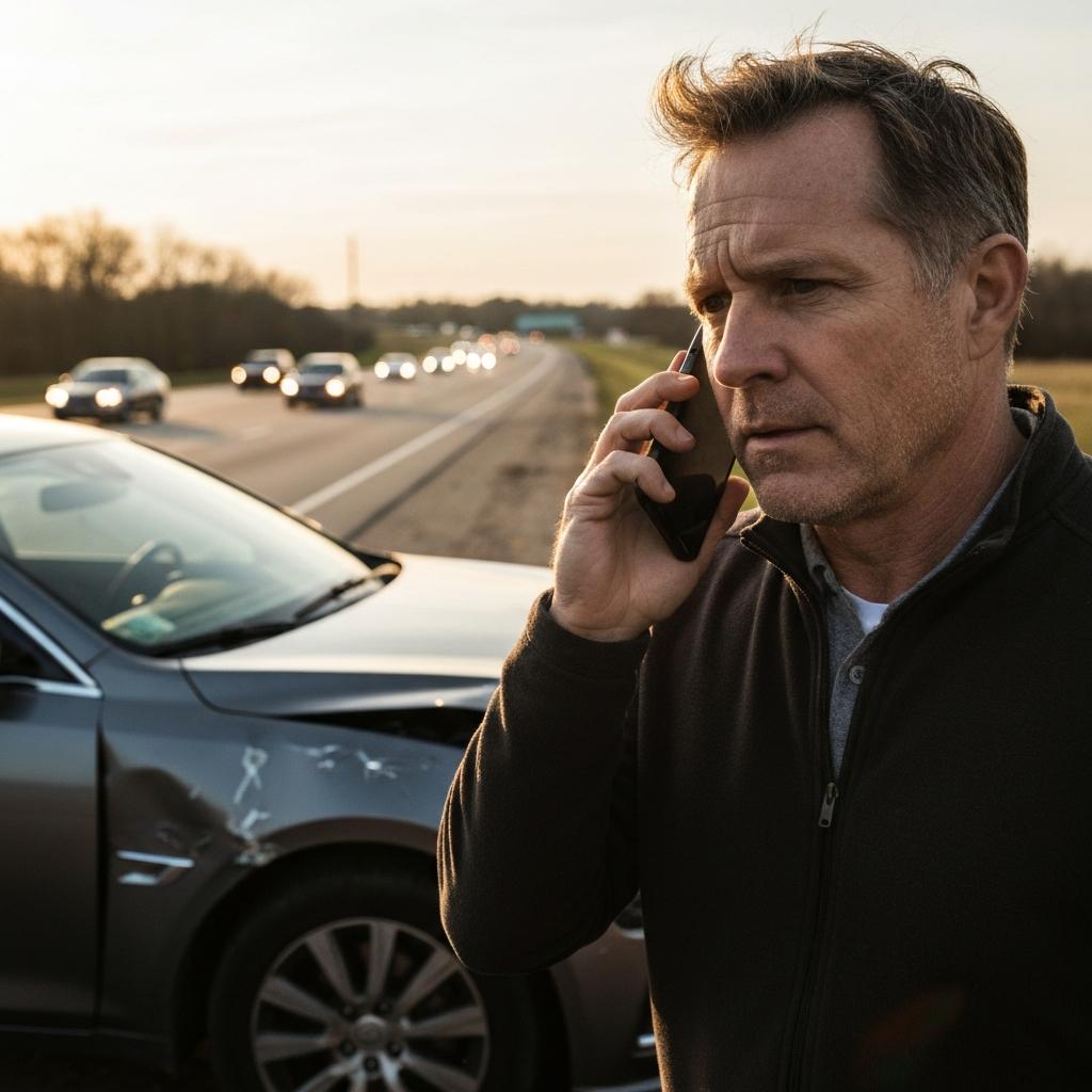How to Seek Justice After a Wreck on Chapman Highway in Knoxville - Stressed but composed middle-aged male driver on the phone with emergency services beside his damaged car after a wreck on Chapman Highway in Knoxville.