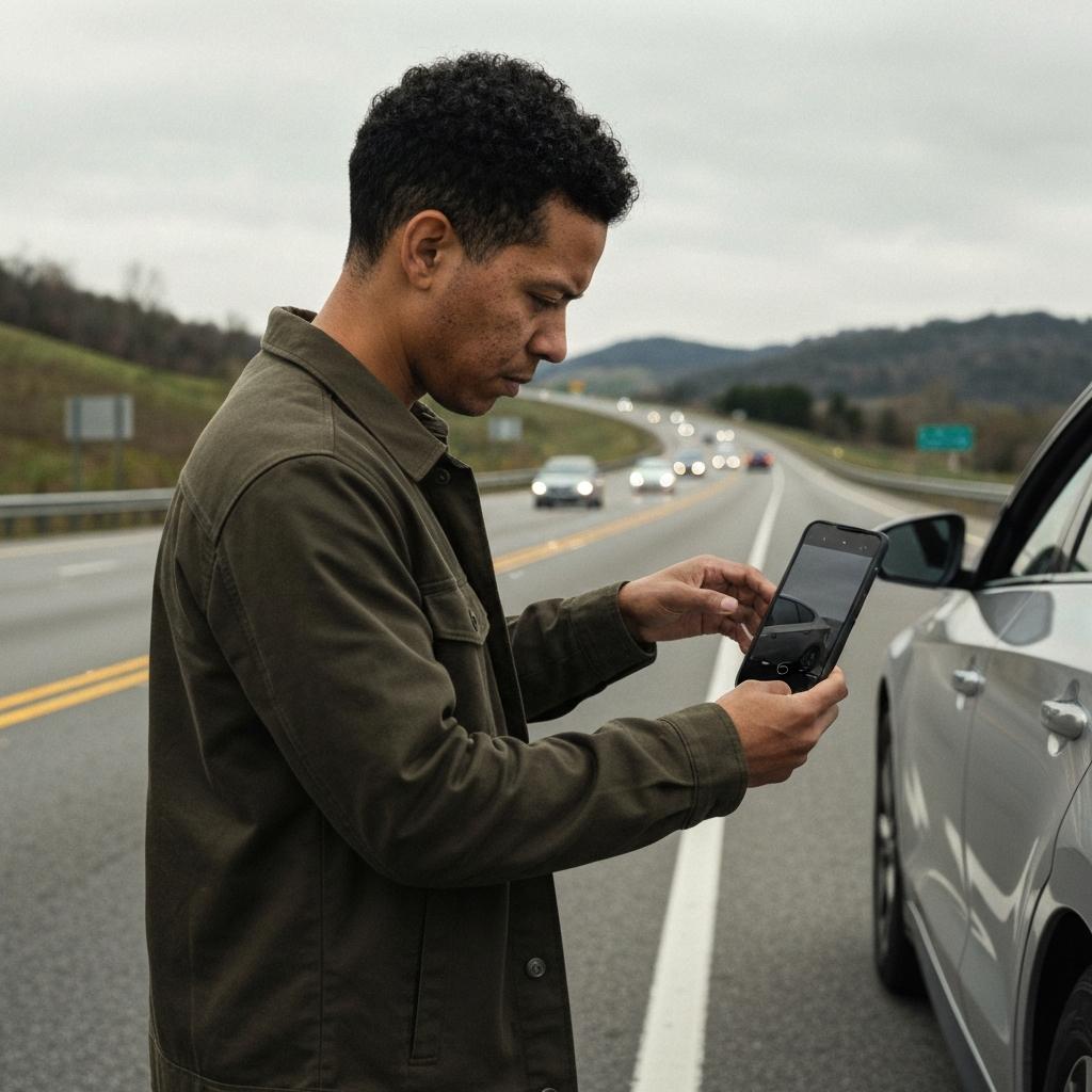 How to Seek Justice After a Wreck on Chapman Highway in Knoxville:  Focused driver meticulously documents car damage with a smartphone after a wreck on Chapman Highway in Knoxville, TN, with traffic in the background.