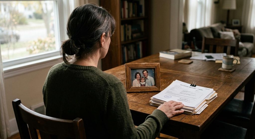 Solemn family member reviews legal documents for a wrongful death claim in Tennessee after an Alcoa Highway fatal crash in Knoxville.