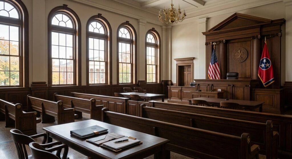 OEB Law - Solemn and historic Loudon County Circuit courtroom ready for a wrongful death lawsuit hearing in East Tennessee with natural lighting.